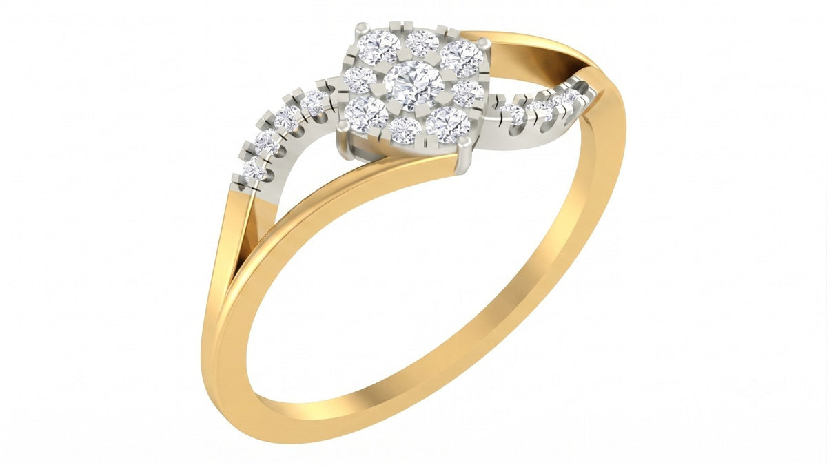 Yellow gold and diamond with cluster setting on a white background.