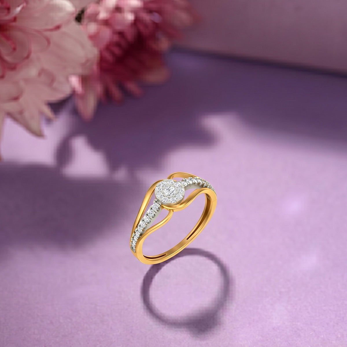 A gold and diamond ring with a round-cut clear center stone, displayed on a soft purple surface.