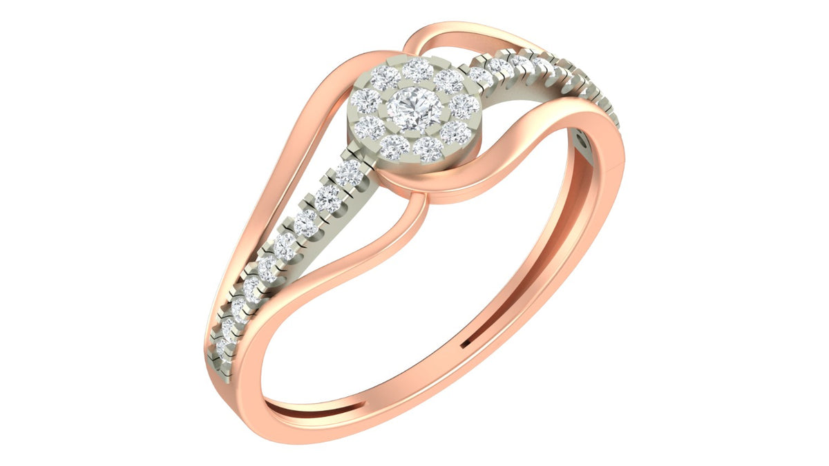A rose gold and diamond ring featuring a round cluster center stone on a clean white background.