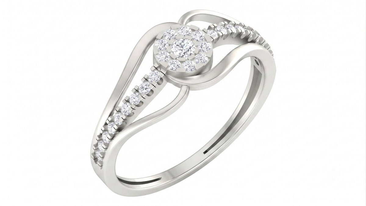 A white gold and diamond ring featuring a round cluster center stone on a clean white background.