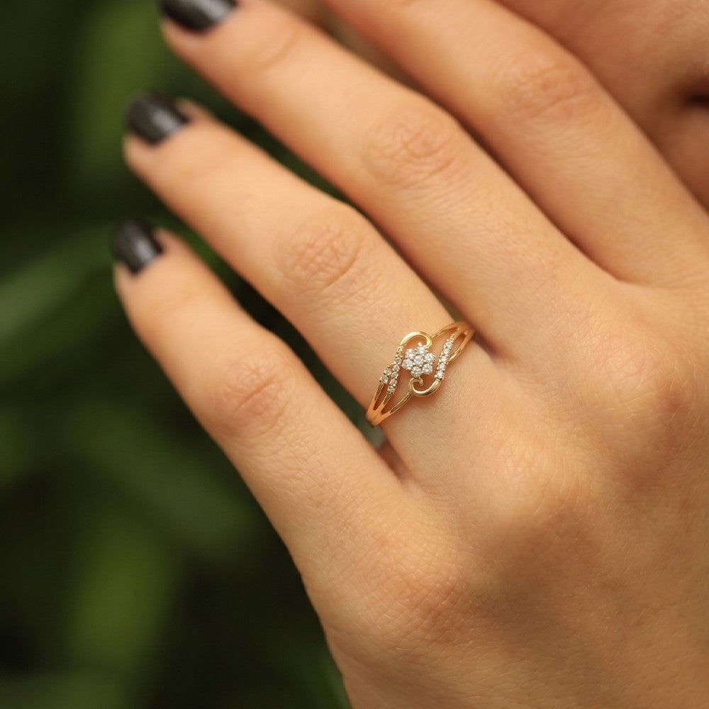 Close-up shot of a gold and diamond with floral cluster setting women's ring.