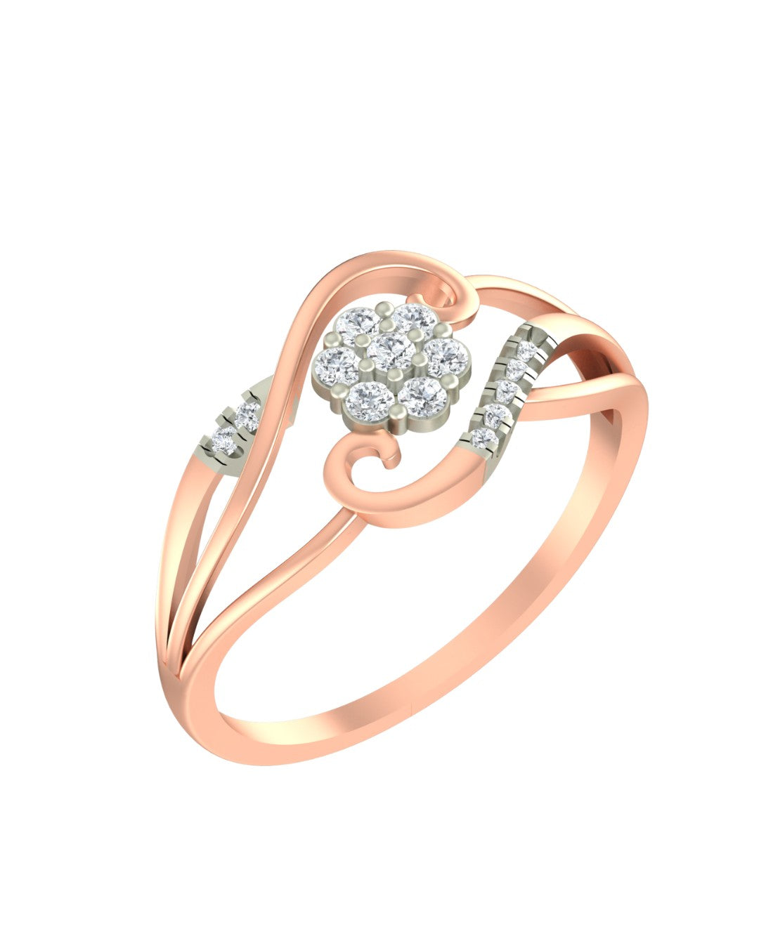 Rose gold and diamond with floral cluster setting on a white background.