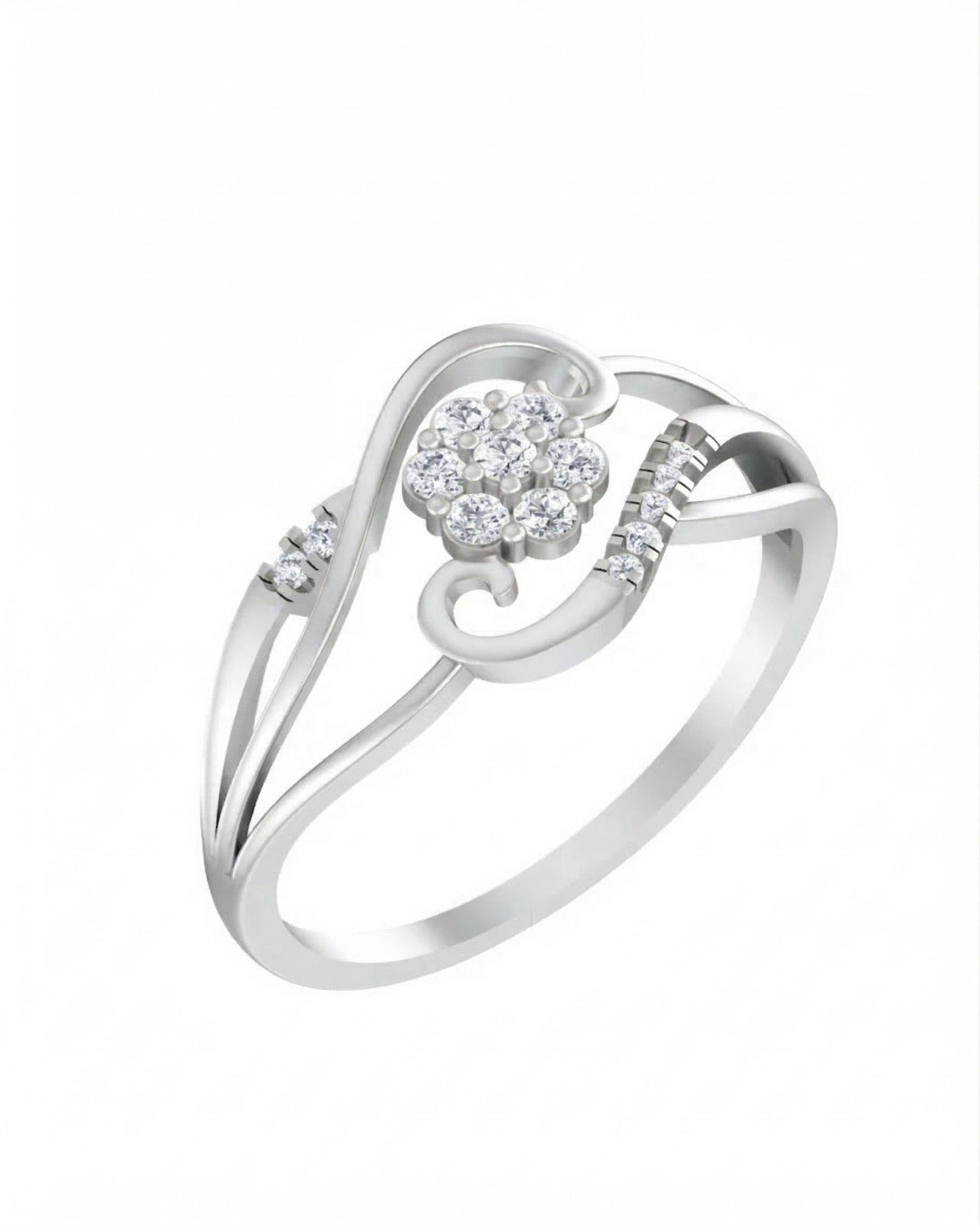 White gold and diamond with floral cluster setting on a white background.