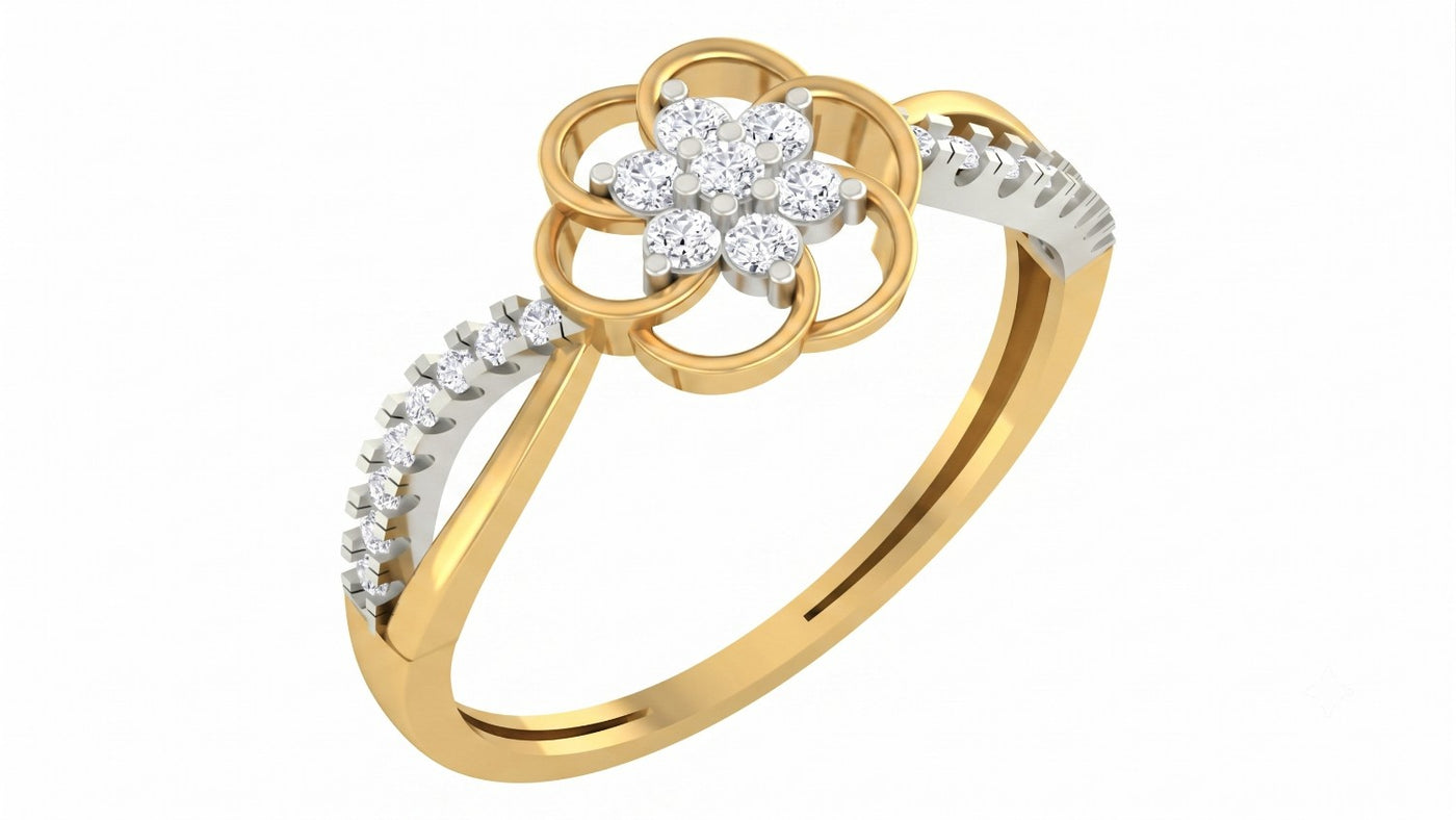 Yellow gold and diamond with floral design on a white background.
