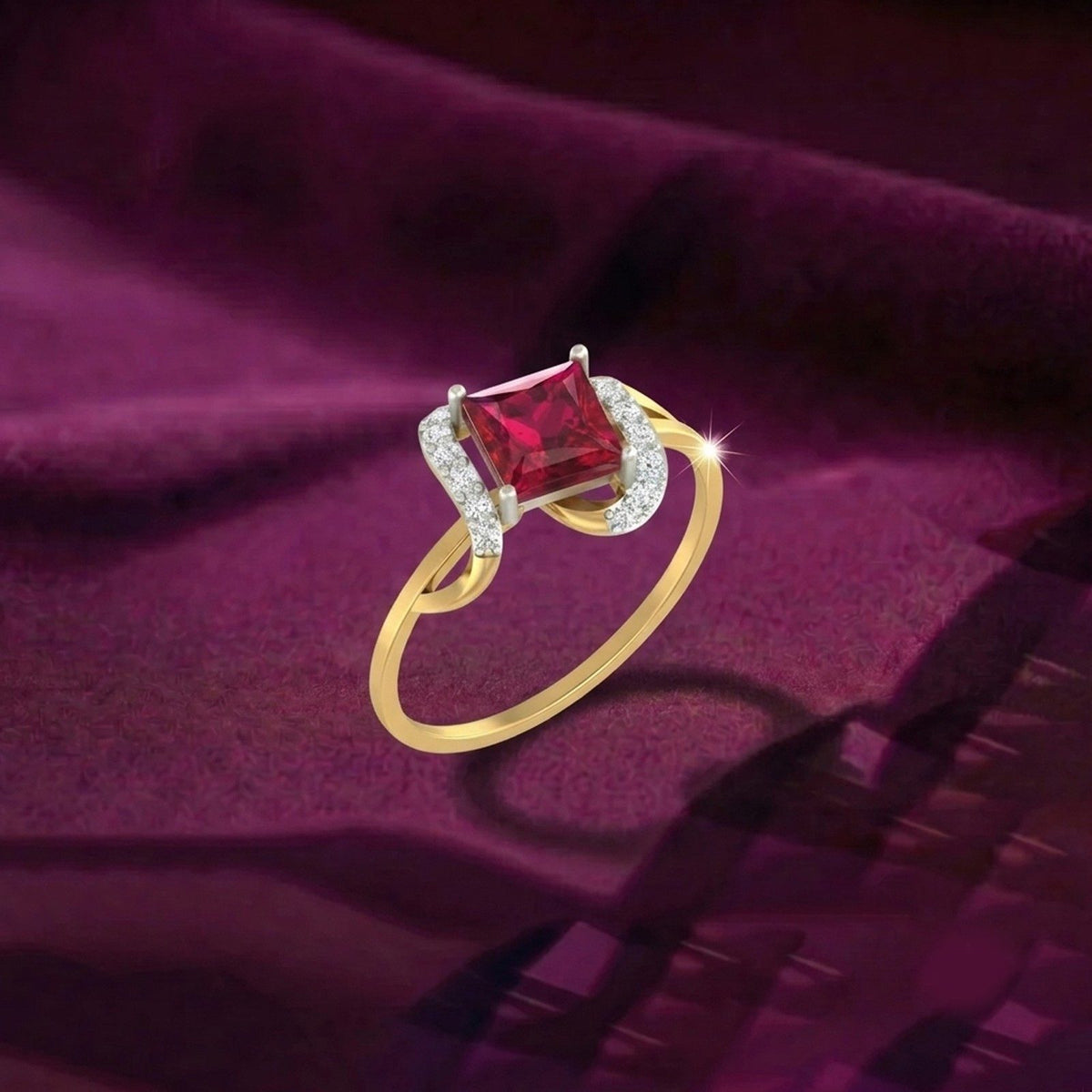 A gold ring with a square-cut red gemstone and a halo of small clear stones, displayed on draped purple fabric.