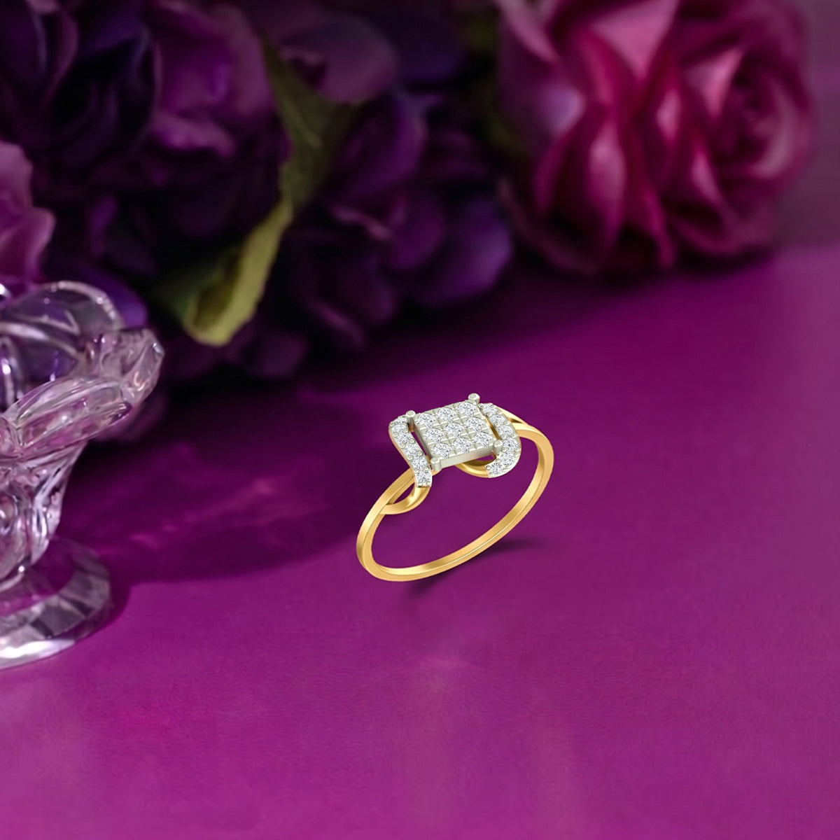 Gold and diamond cluster women's ring on a purple surface.