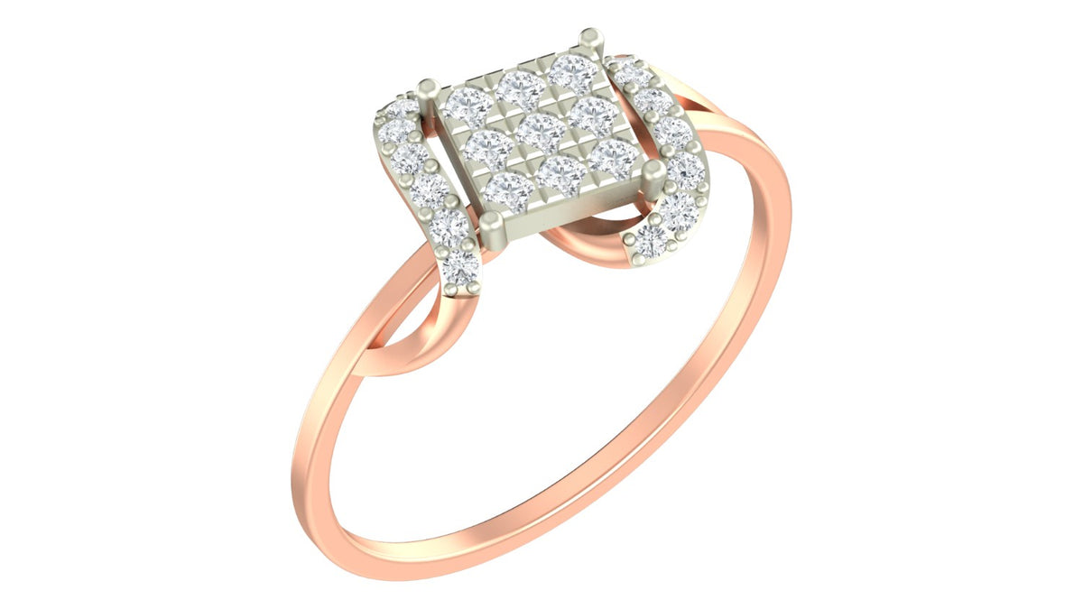 Rose gold and diamond cluster women's ring on a white background.