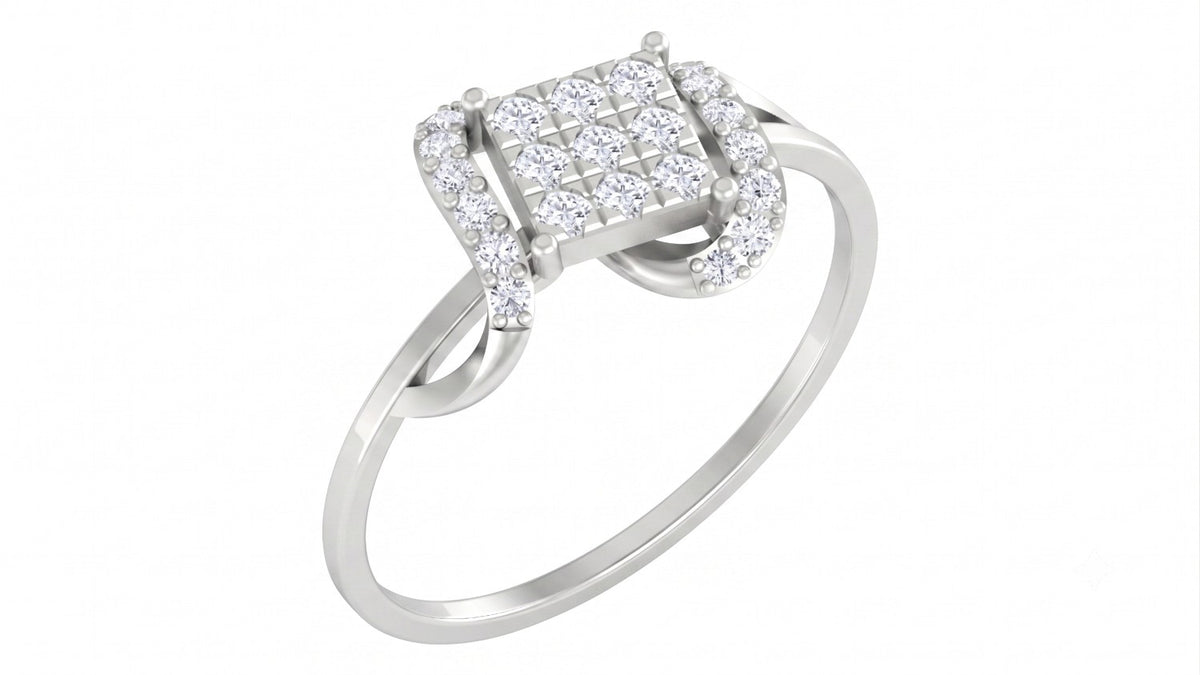 White gold and diamond cluster women's ring on a white background.
