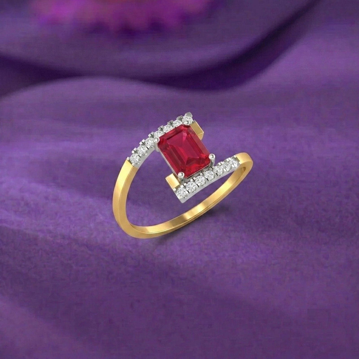 Gold ring featuring a rectangular ruby center, shown on a purple surface.