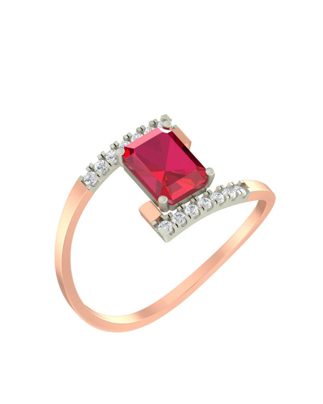 A rose gold ring featuring a rectangular ruby center, shown on a plain white background.