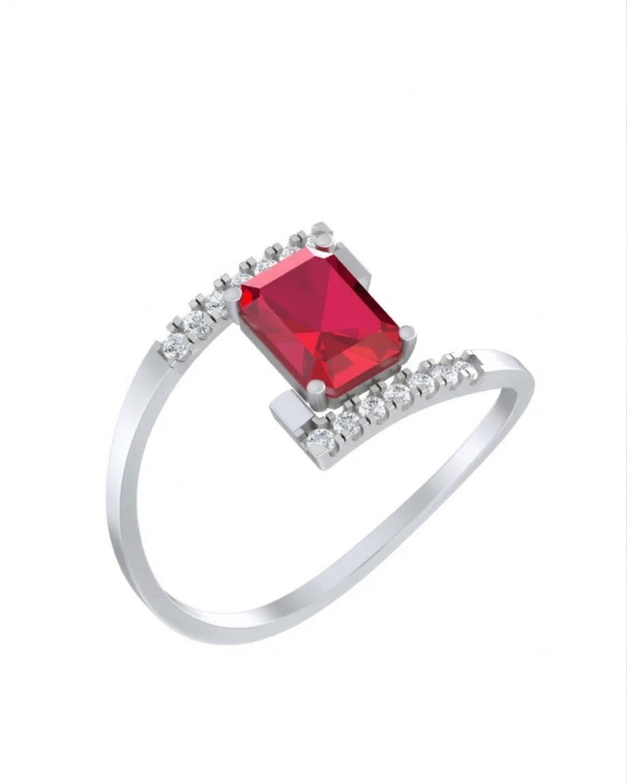 A white gold ring featuring a rectangular ruby center, shown on a plain white background.