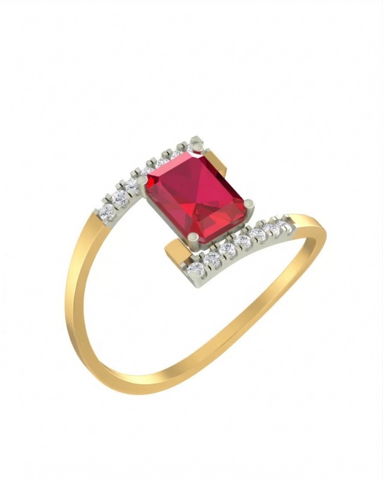 Yellow gold and diamond ring with a ruby gemstone on a white background