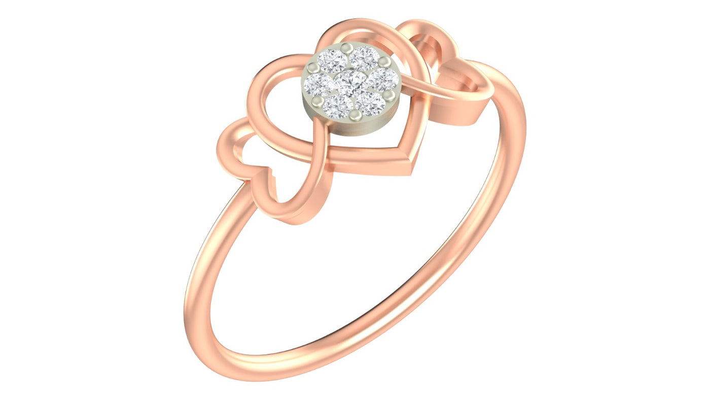 A rose gold ring featuring a heart-shaped design with a central round cluster, shown on a plain white background.