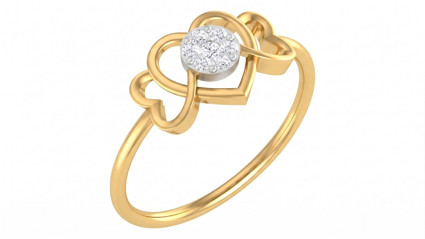A yellow gold ring featuring a heart-shaped design with a central round cluster, shown on a plain white background.
