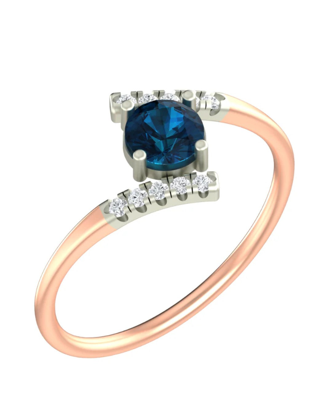Rose gold and diamond with sapphirre gemstone setting on a white background.
