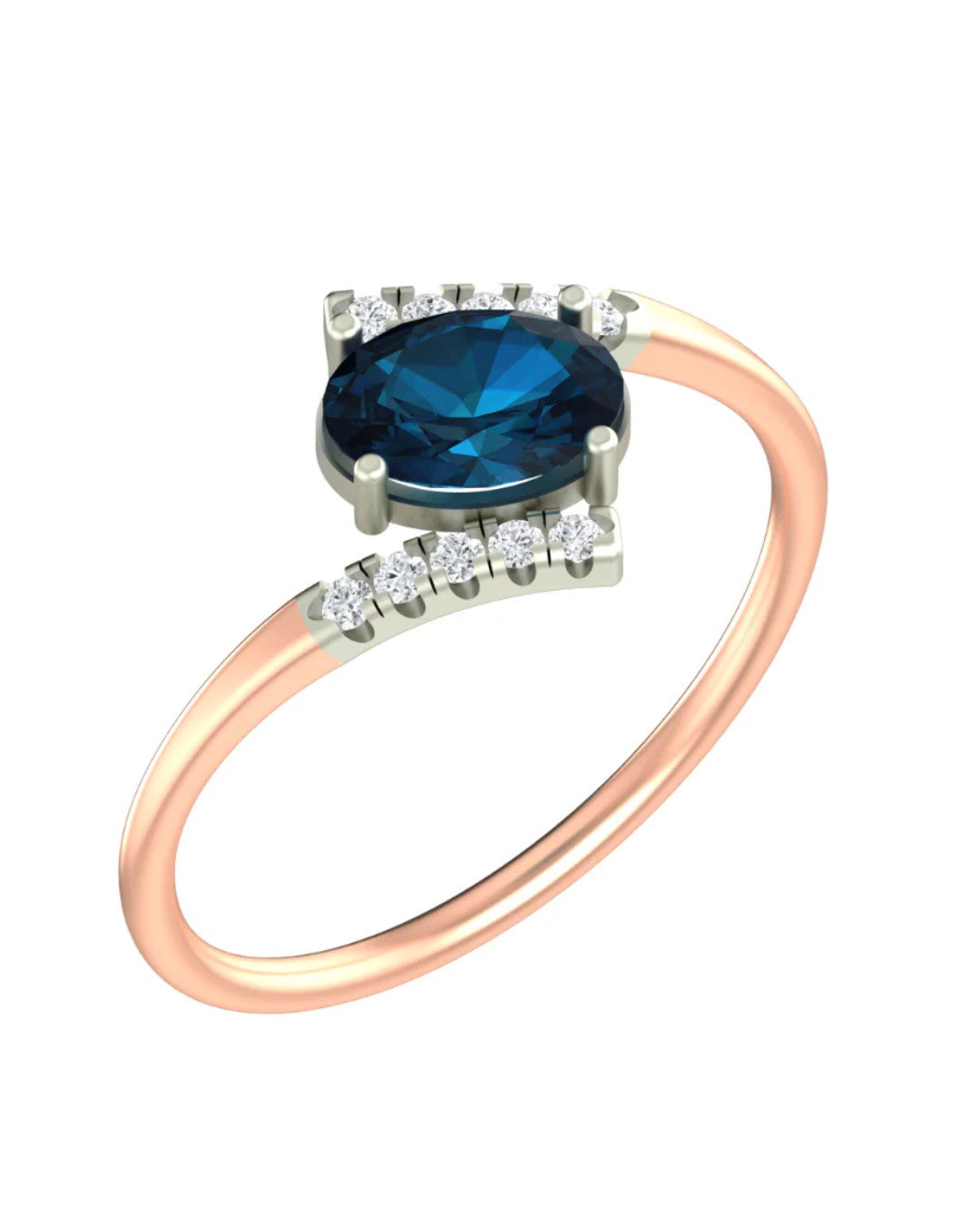 A rose gold ring with a central oval-cut sapphire gemstone, shown on a plain white background.