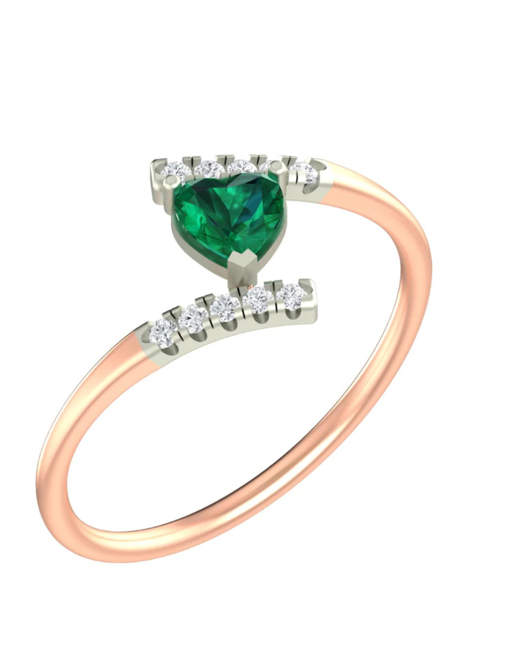 Rose gold and diamond ring with a heart-shaped emerald on a white background