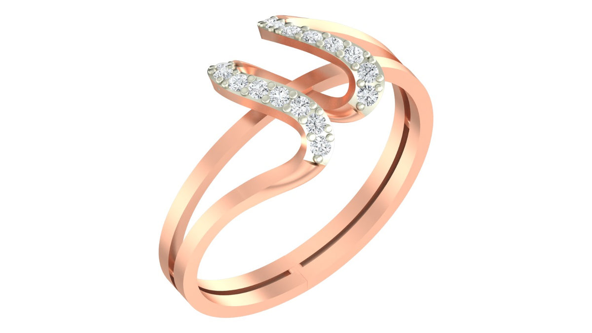 Rose gold ring with diamond accents on a white background