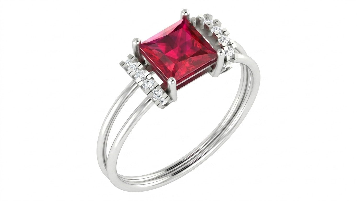 White gold and diamond with ruby gemstone on a white background.