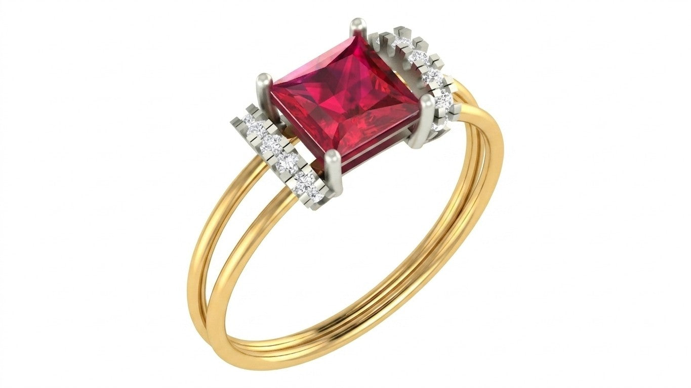 Yellow gold and diamond with ruby gemstone on a white background.