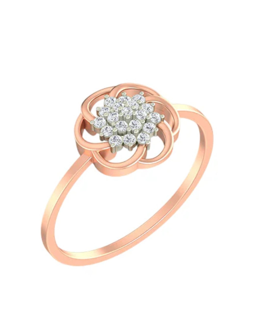 Rose gold and diamond with floral cluster setting on a white background.