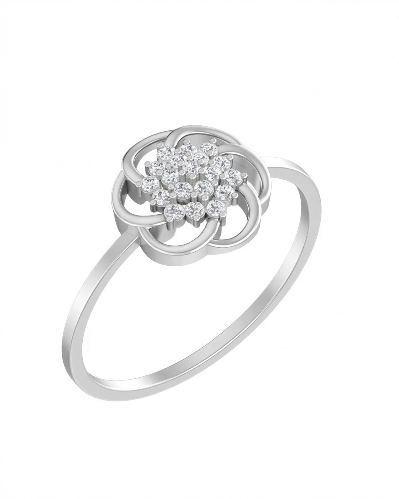 White gold and diamond with floral cluster setting on a white background.