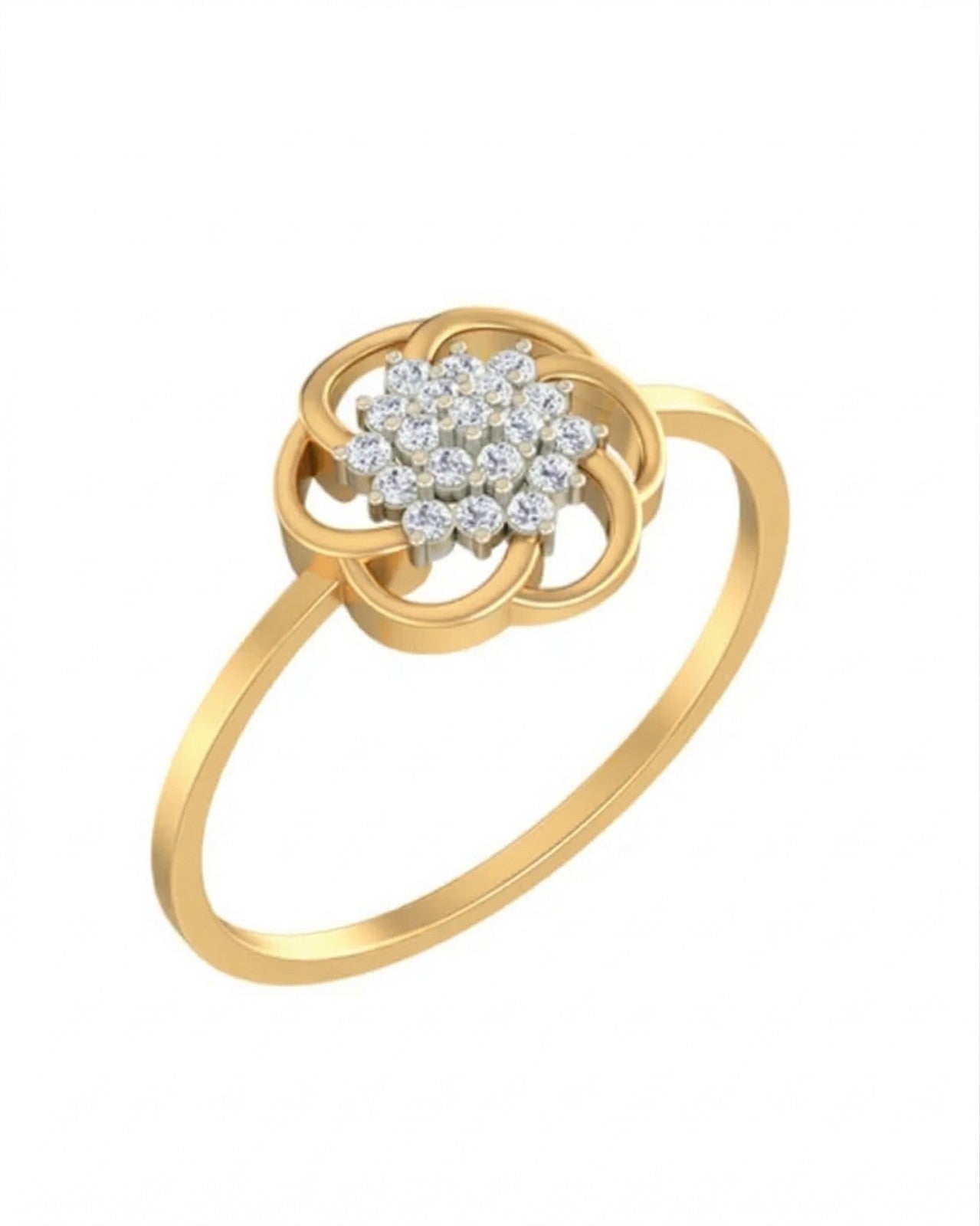 Yellow gold and diamond with floral cluster setting on a white background.