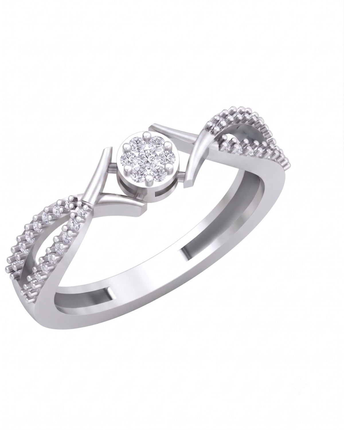 White gold and diamond with cluster women's ring on a white background.