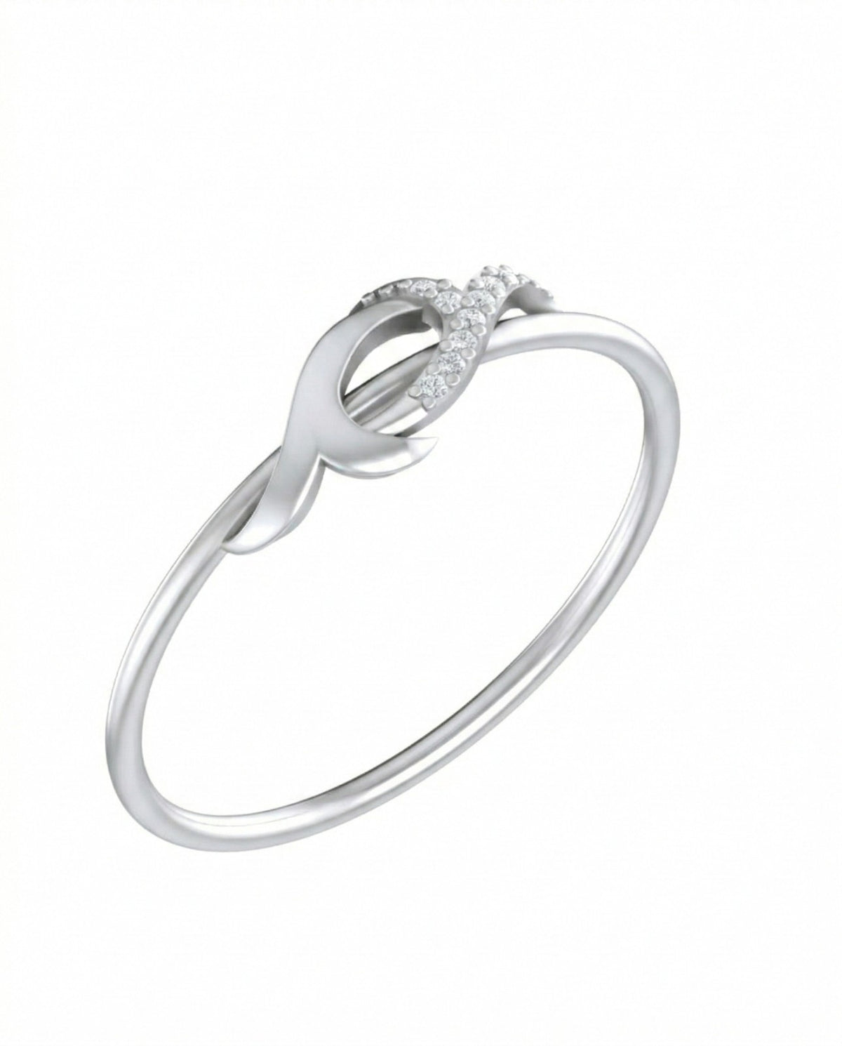 White gold ring with diamond accents on a white background