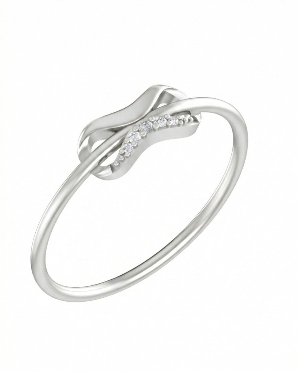 A white gold and diamond ring with a curved, intertwined design, set against a plain white background.