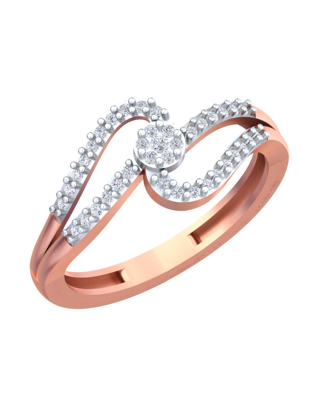 Rose gold and diamond with cluster setting, on a white background.