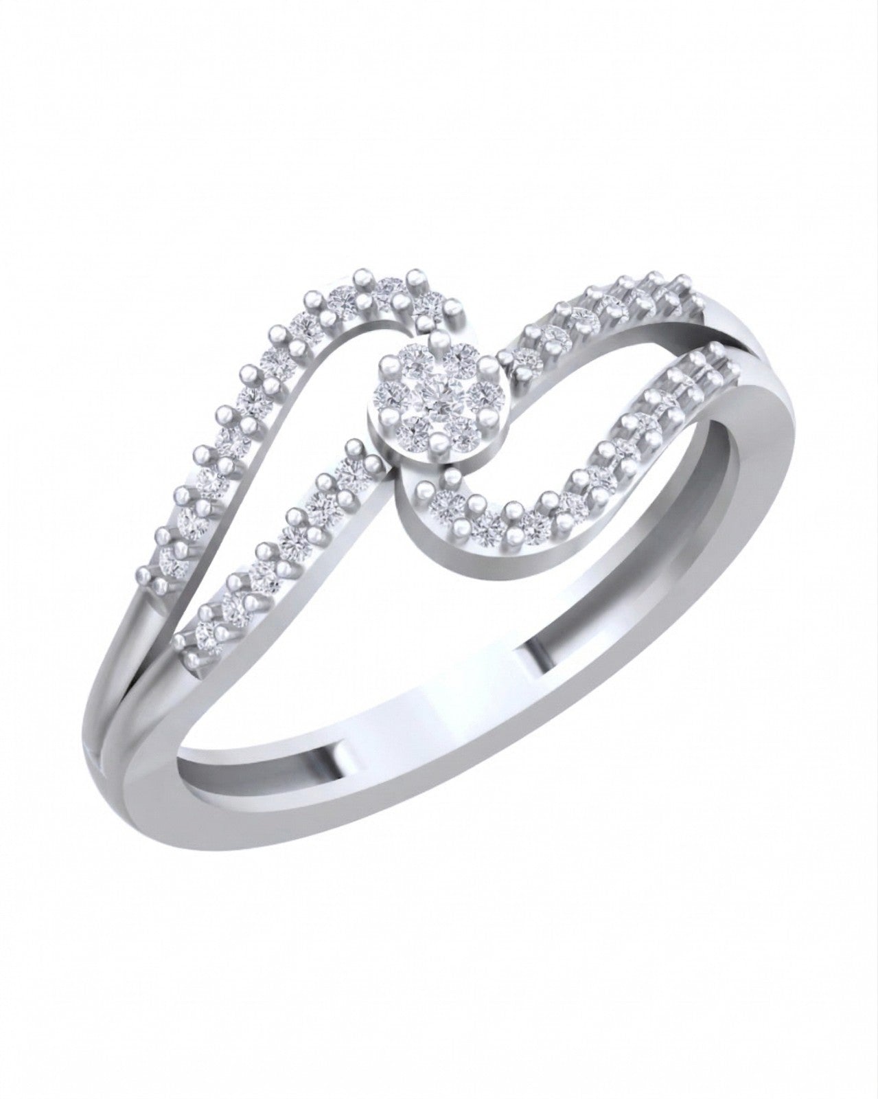 White gold and diamond with cluster setting, on a white background.