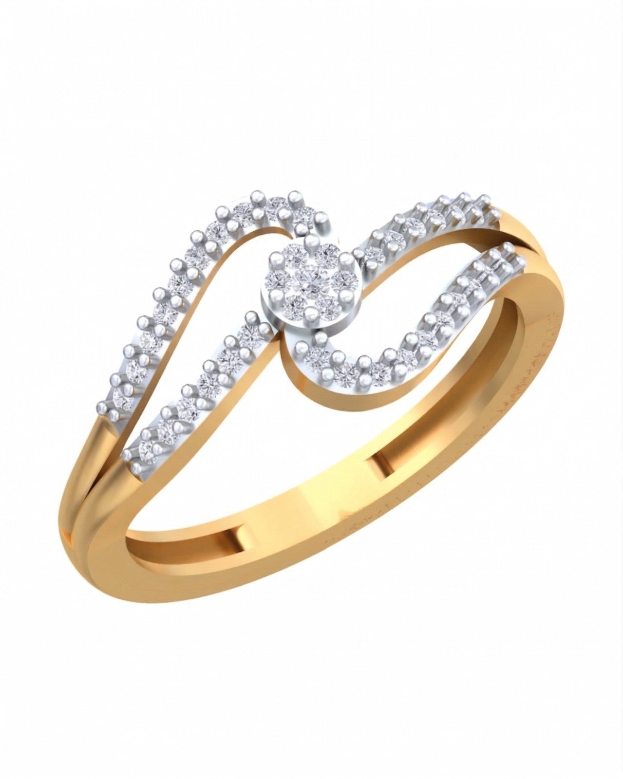 Yellow gold and diamond with cluster setting, on a white background.