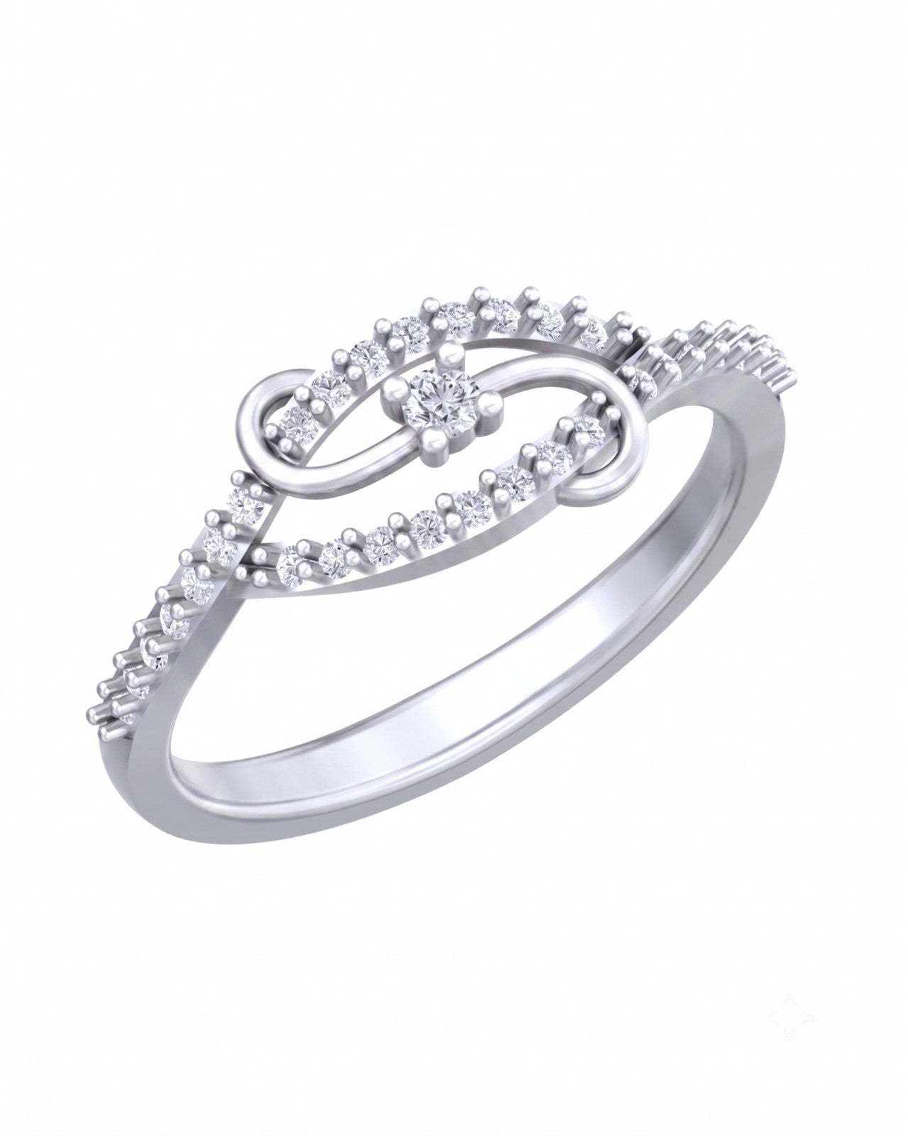 White gold and diamond women's ring on a white background.
