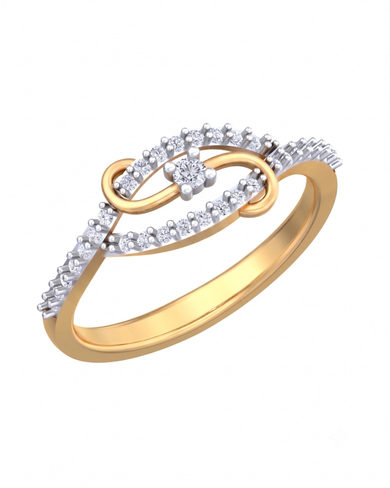 Yellow gold and diamond women's ring on a white background.