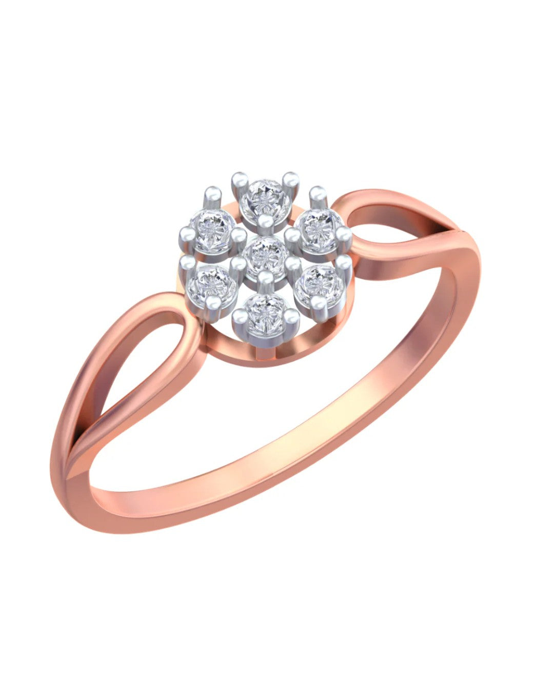 Rose gold ring with diamond floral design on a white background