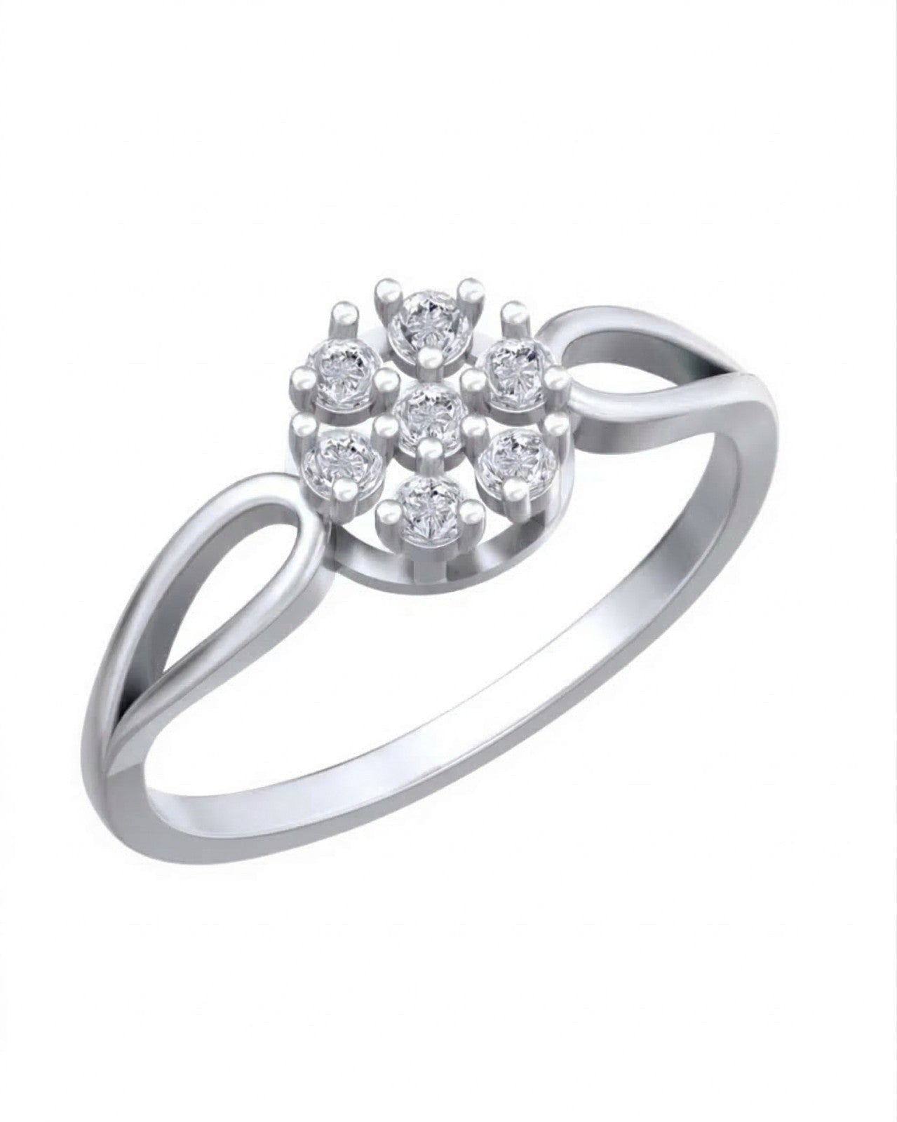 White gold ring with diamond floral design on a white background