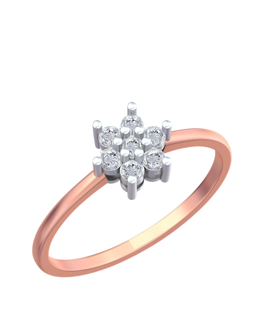 Rose gold ring with diamond floral cluster on a white background