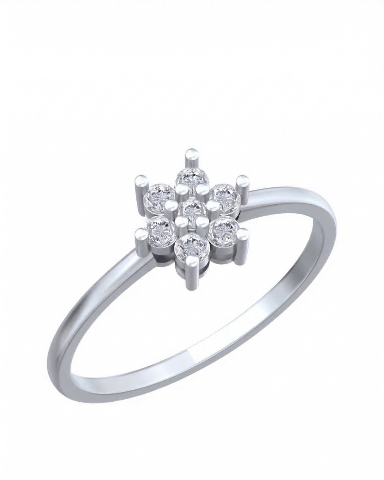 White gold ring with diamond floral cluster on a white background
