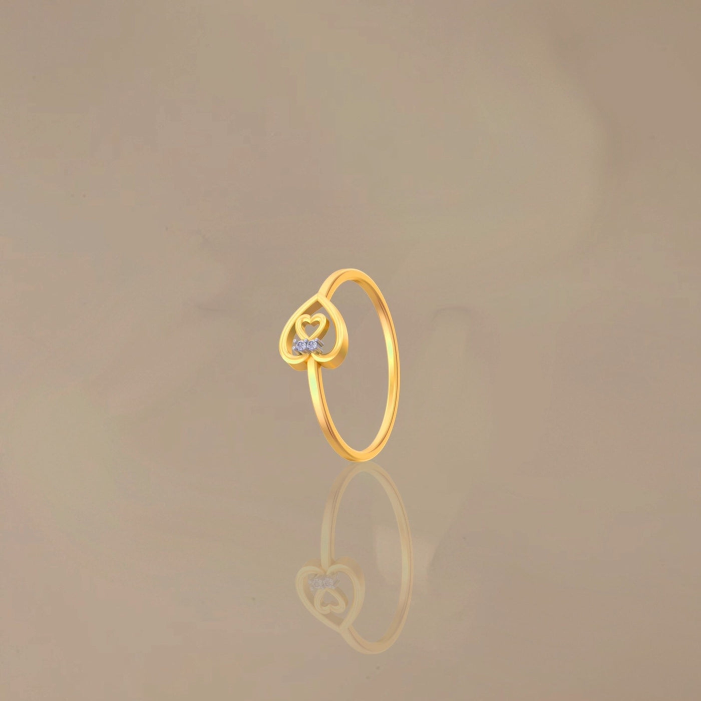 Gold and diamond with heart-shaped on a reflective surface.