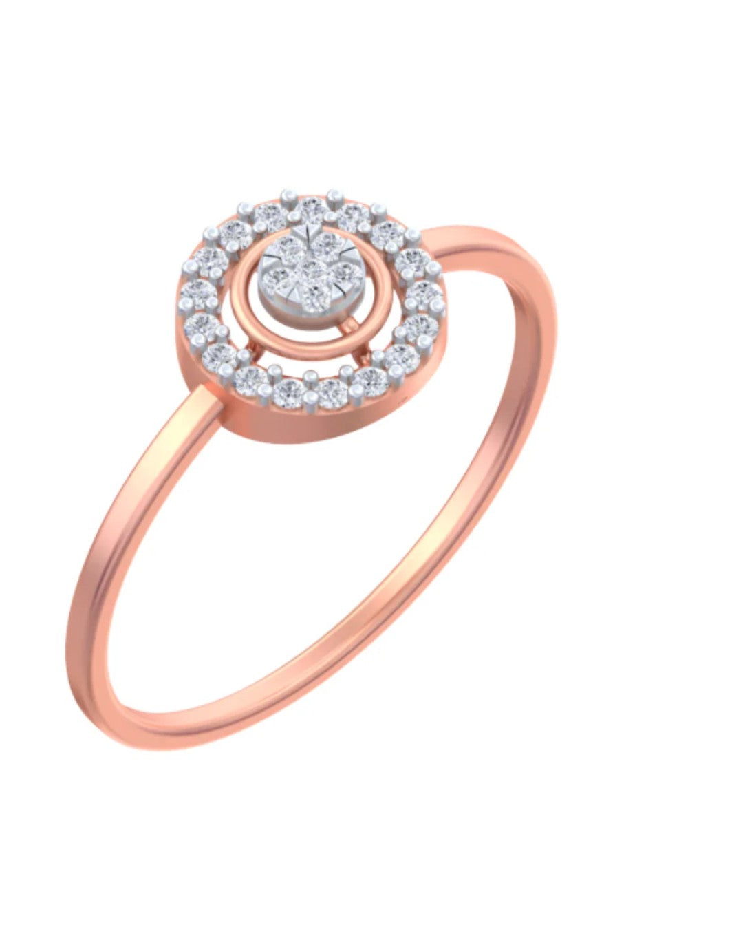 Rose gold and diamond with halo cluster setting on a white background.