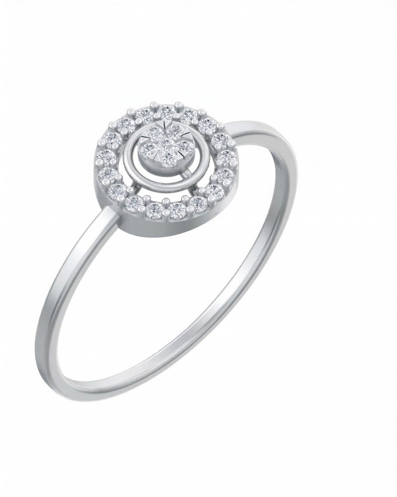 White gold and diamond with halo cluster setting on a white background.