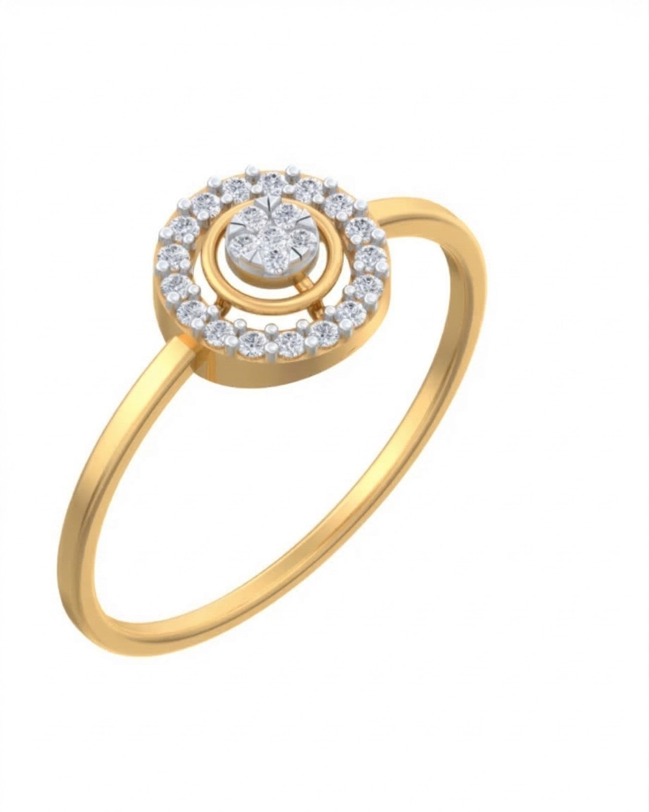 Yellow gold and diamond with halo cluster setting on a white background.