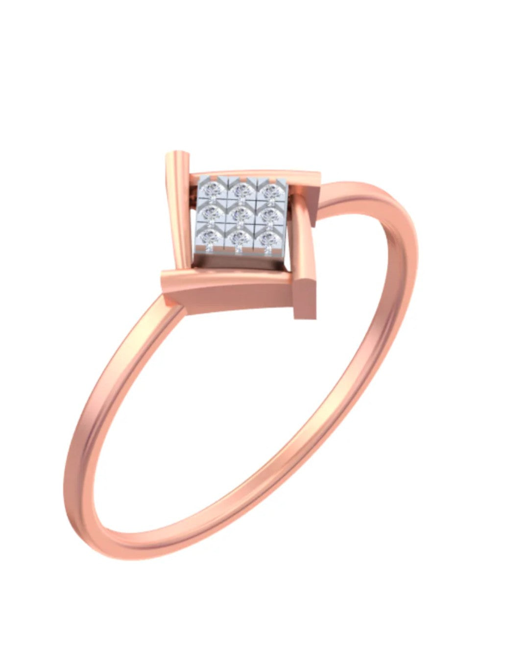 Rose gold and diamond with square-shaped cluster setting on a white background.
