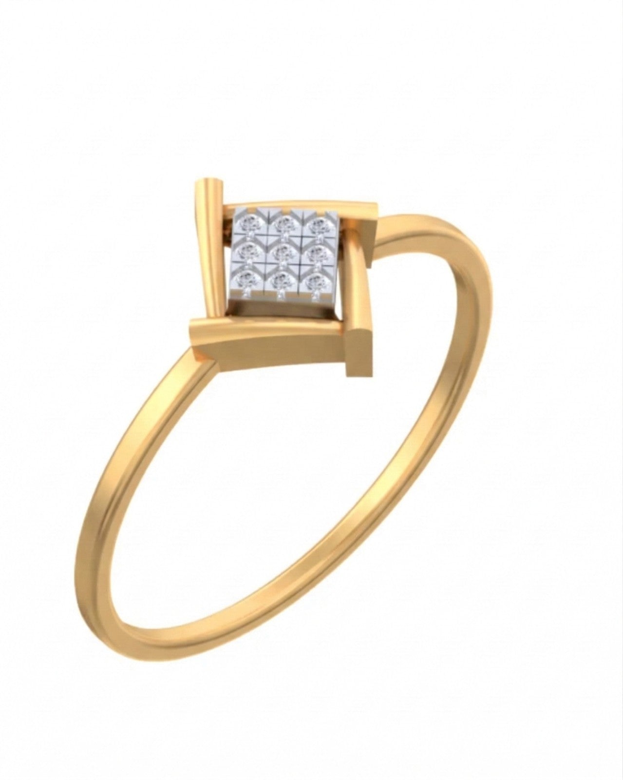 Yellow gold and diamond with square-shaped cluster setting on a white background.