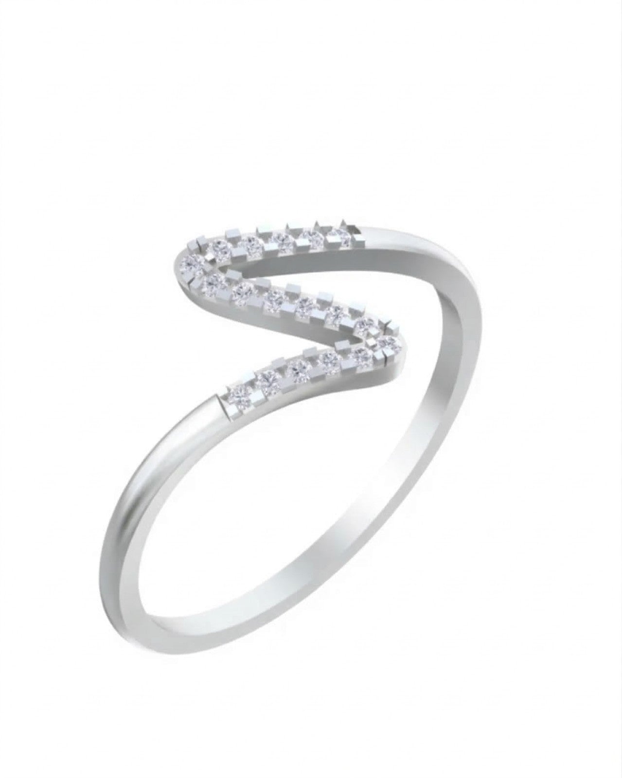 White gold and diamond half-eternity ring on a white background.