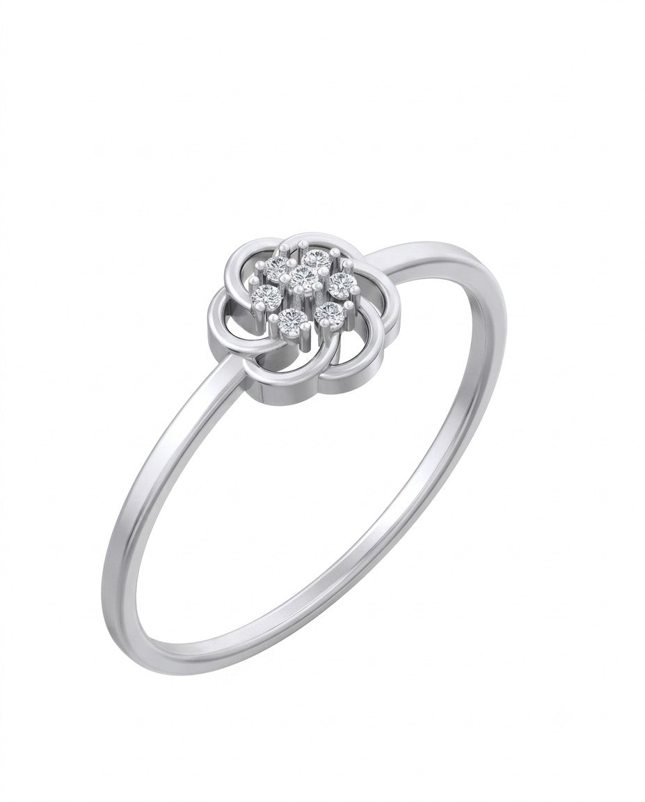 White gold and diamond with floral-design cluster setting on a white background.