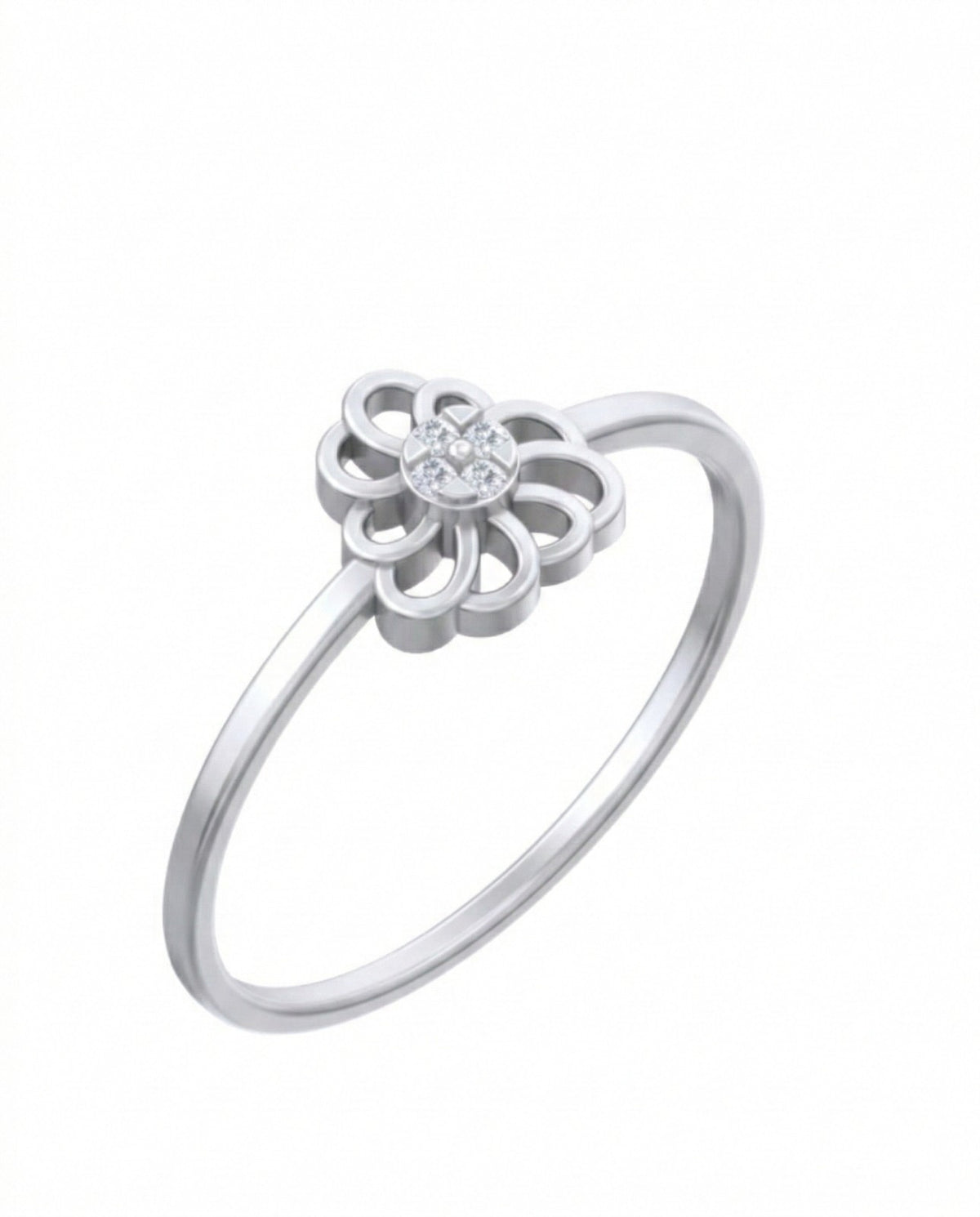 White gold and diamond ring on a white background.