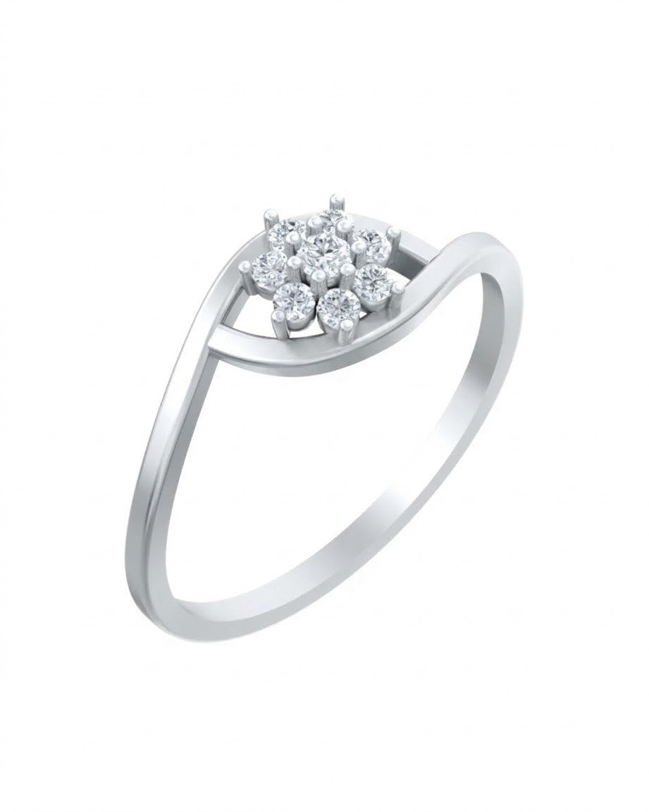 White gold and diamond with floral cluster setting on a white background.