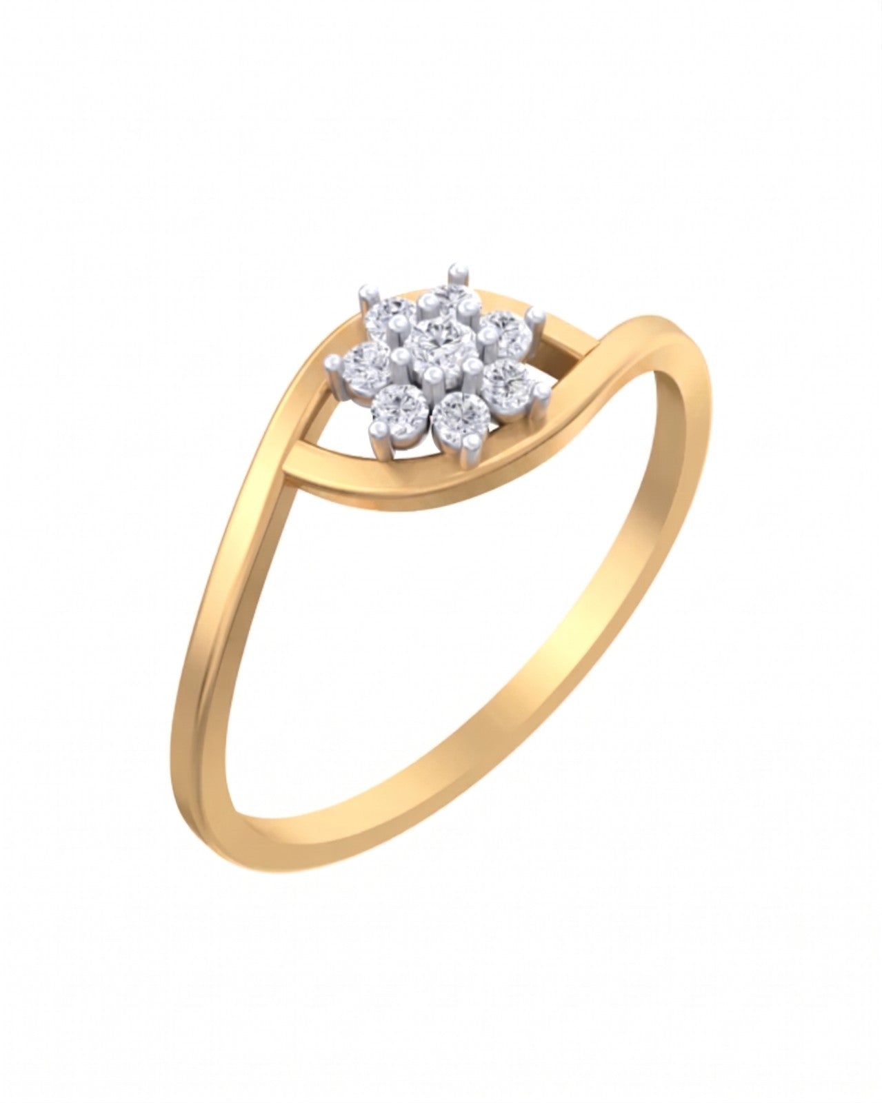 Yellow gold and diamond with floral cluster setting on a white background.